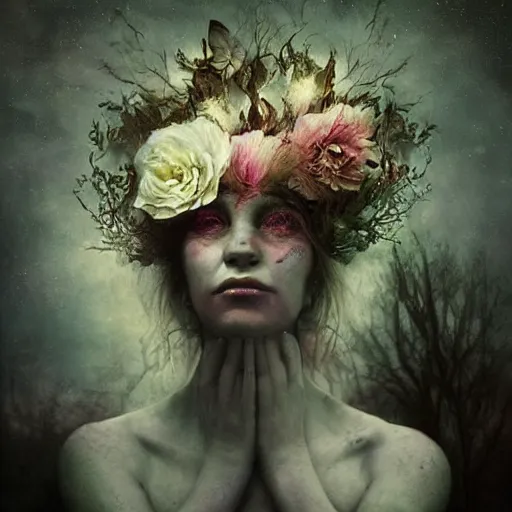 Prompt: a beautiful artwork portrait of a flower druid performing magic, by Brooke Shaden, featured on artstation