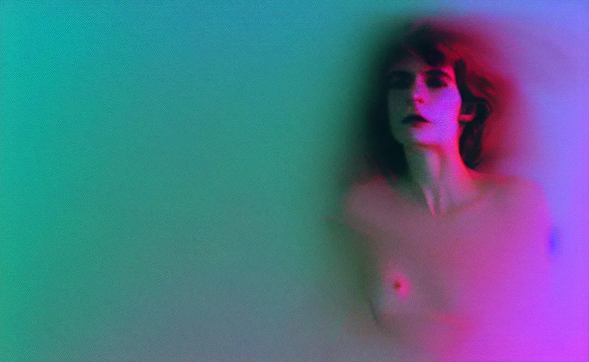 Prompt: vhs glitch art portrat of a woman hidden underneath a sheet, foggy environment, static colorful noise glitch olumetric light, by bekinski, unsettling moody vibe, vcr tape, 1 9 7 0 s analog video, vaporwave aesthetic, directed by david lynch, colorful static, datamosh, pixel stretching