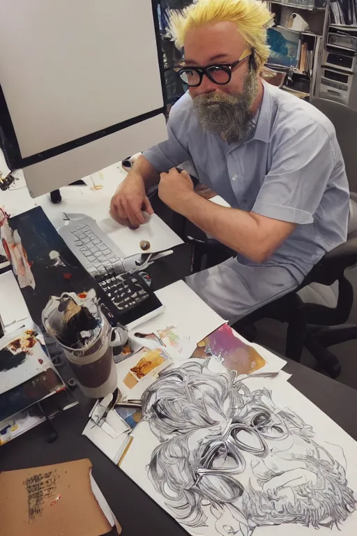 Prompt: painting of a middle aged austrian man with blonde hair and a beard and glasses sitting at his work desk covered with tons of mobile phone screens, by artgerm and yoshitaka amano, trending on artstation