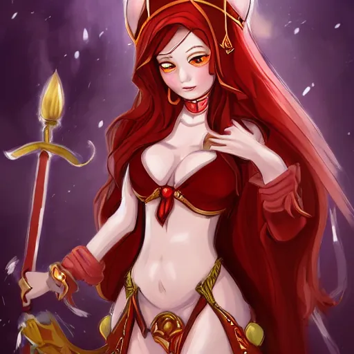 Image similar to natalie from epic battle fantasy, redhead, cartoony, priestess, red robes, highly detailed, fanart