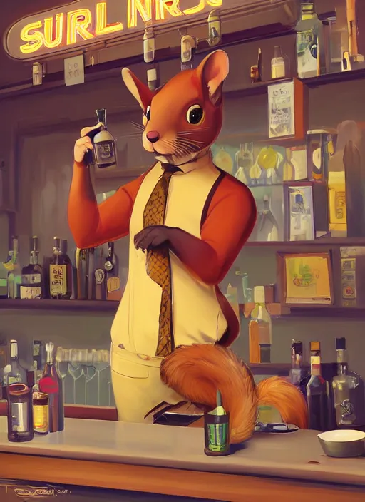 Image similar to squirrel anthro as a dapper bartender with a big, fluffy tail, retro futurism, art deco, detailed, painterly digital art by WLOP and Cory Loftis, 🍸🍋, furaffinity, trending on artstation