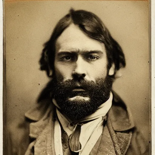 Prompt: real-life face portrait short stubble beard cowboy skinny masculine Roger Clark as exactly the same as arthur morgan furrowed brown from red dead redemption 2 movie dramatic lighting late 1800s Daguerreian photo by Mathew Brady