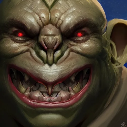 Prompt: An orc smiling into the camera, portrait, artstation, by Alex Flores