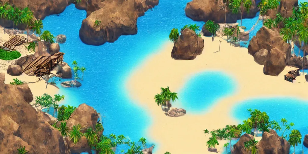 Prompt: A desert island paradise on Playstation 1 graphic, crystal clear sea, screenshot