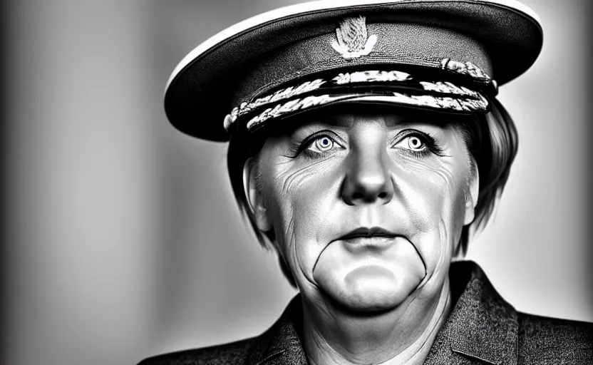 Prompt: portrait of angela merkel dressed as a military officer, digital art, natural light, sharp, detailed face, magazine