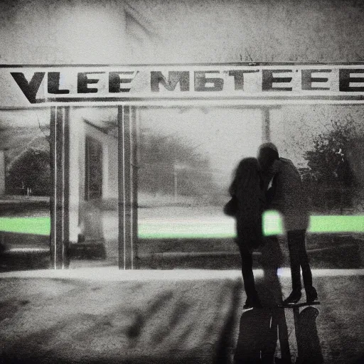 Prompt: double exposure photograph, lovers falling, neon motel