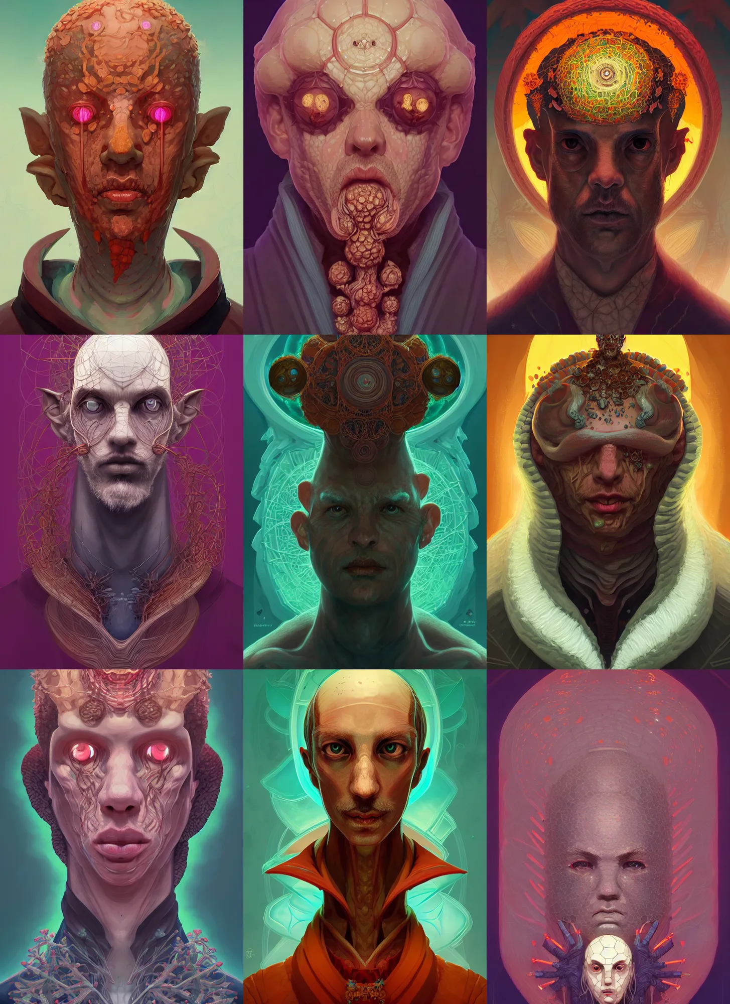Prompt: symmetry!! rpg! portrait of a weird! fungus priest, intricate, highly detailed, digital painting, artstation, concept art, smooth, sharp focus, illustration, art by ivan albright and hsiao - ron cheng and conrad roset and aaron jasinski, 8 k