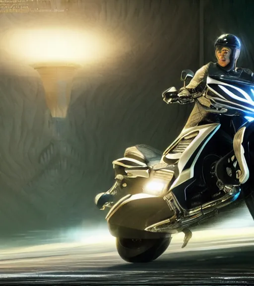 Image similar to mamimi riding a motorcycle in the race to the ancient and majestic tower of babylon destroyed, tron legacy, hyper realistic, ambient lighting, concept art, intricate, hyper detailed, tarkovsky greatest scene, smooth, dynamic volumetric lighting, octane, raytrace, cinematic, high quality, high resolution, 4 k, cgsociety, rutkowski, gurney