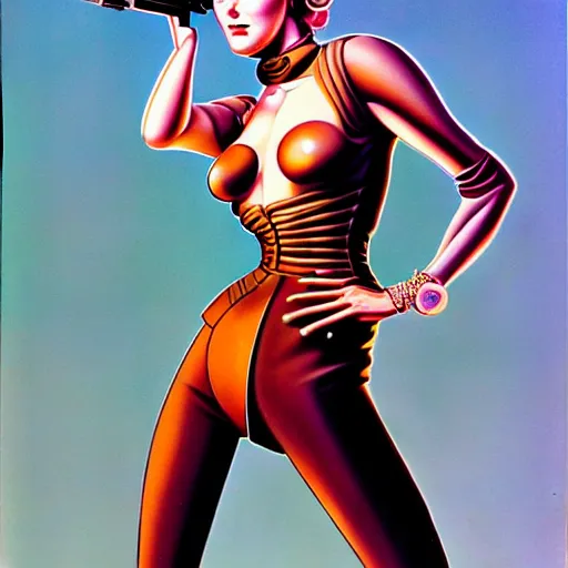 Image similar to mal watson chic lady holding a gun, 1 9 8 0's art, airbrush style, art by hajime sorayama,, intricate, elegant, sharp focus, illustration, highly detailed, h 6 4 0