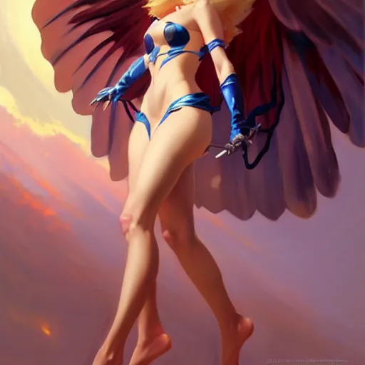 Image similar to greg manchess painting of anime woman, long wings, sorceress wand, soft lighting, trending on artstation, by huang guangjian and gil elvgren and sachin teng