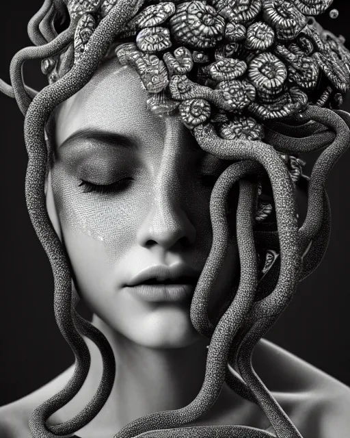 Image similar to surreal mythical dreamy artistic black and white fine art photo of a beautiful young female medusa - cyborg covered with fish scales and algae, highly detailed, intricate crystal ivy jelly fish scales ornate, poetic, octane render, 8 k, photo - realistic