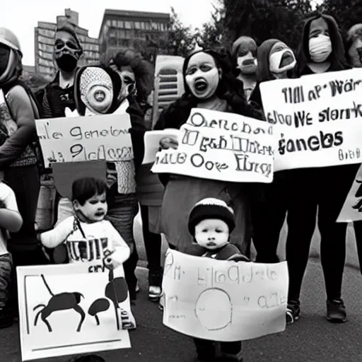 Image similar to babies protesting in front of a daycare center