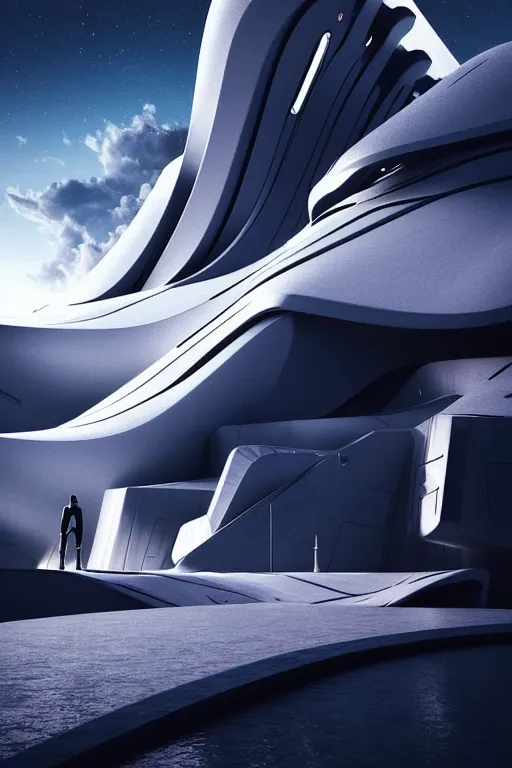 Prompt: a futuristic scene with an astronaut in front of a zaha hadid building in the french alps @ in the style of chris moore, cinematic matte painting, extreme detail photo quality, dark moody colors, featured on behance