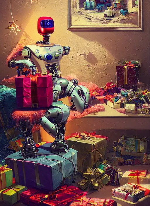 Prompt: robot from future, asleep at christmas. surrounded by gifts. high quality detailed face. beautiful painting by beeple