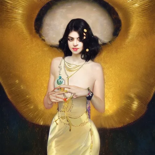 Image similar to portrait of a smiling, beautiful, pale skin eastern european female with long black hair, dark brown eyes, elegant clothing, photorealistic, highly detailed, artstation, smooth, sharp focus, gold ornaments, neon lighting, sci - fi, art by gustav klimt, artgerm, greg rutkowski and alphonse mucha