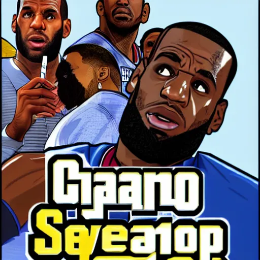 Image similar to lebron james in gta v cover art, art by stephen bliss, sharp details, sharp focus