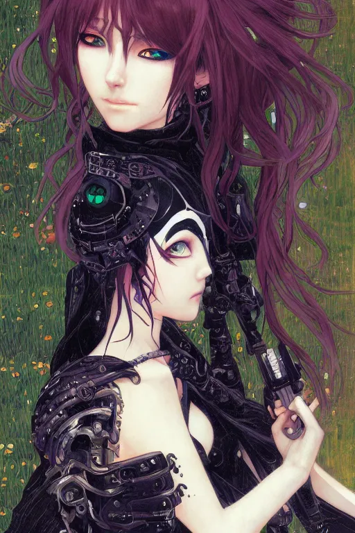 Image similar to portrait of beautiful young gothic cute anime maiden, cyberpunk, Warhammer, highly detailed, artstation, illustration, art by Gustav Klimt and Ilya Kuvshinov