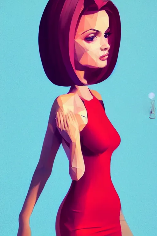 Image similar to full length including face illustration of very beautifully female looking like angelina jolly, shy pose, with amazing body figure, wearing tight short dress, tails haircut, digital painting, trending on art station and devian art, pop art, low polygons illustration