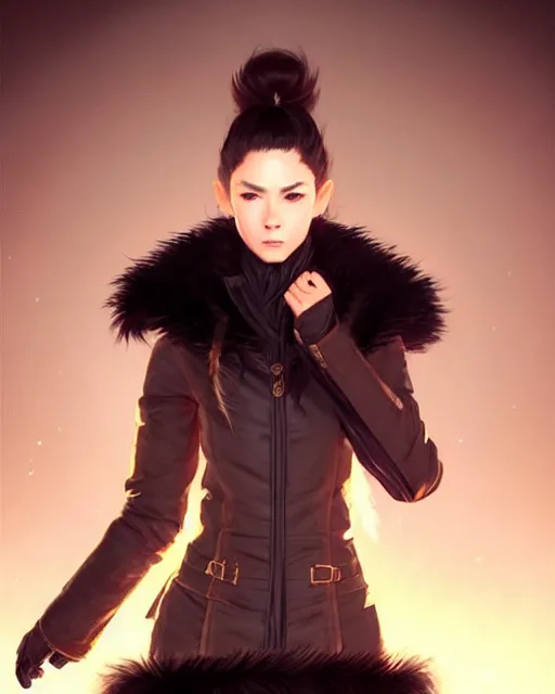 Prompt: dragon hunter wearing a fur - lined dragonhide jacket!!! beautiful and elegant female!! symmetry, character concept art, sharp focus, illustration, artgerm!! greg rutkowski! wlop!! ilya kuvshinov!! charlie bowater! octane render! unreal engine 5! highly rendered!! trending on artstation!!!