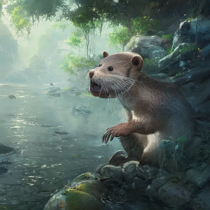 Image similar to a painting of a cute otter at a river. character design by cory loftis, fenghua zhong, ryohei hase, ismail inceoglu and ruan jia. volumetric light, detailed, rendered in octane