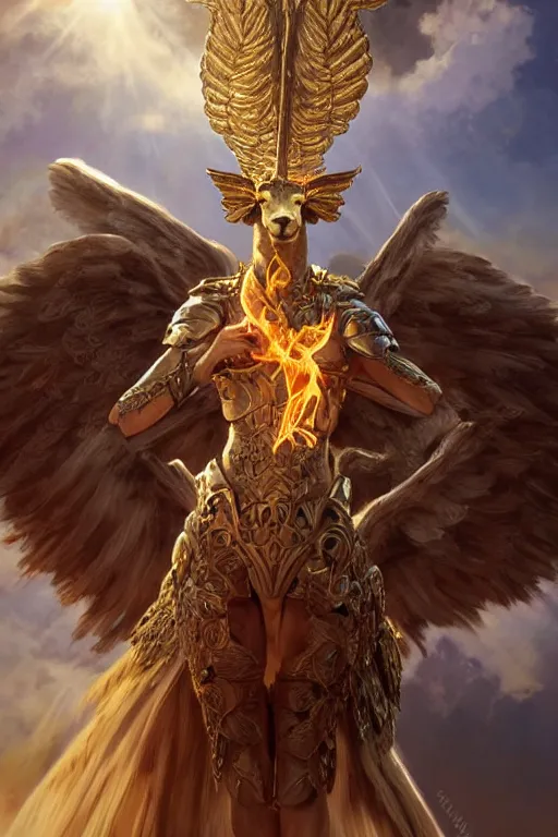 Image similar to A beautiful fierce llama angel with wings, wearing metal battle armor and a flaming sword, among heavenly sunlit clouds, close-up, intricate, elegant, digital painting, golden hour photo, cinematic, trending on artstation, concept art, smooth, sharp focus, illustration, art by artgerm and Greg Rutkowski and Alphonse Mucha