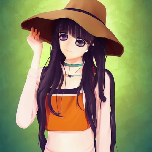 Prompt: portrait of cute anime girl with long brown hair with a frog bucket hat, digital art