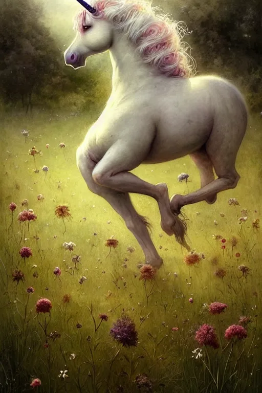 Image similar to a unicorn on the beautiful meadow | esoteric symbolism | jean - baptiste monge, esao andrews, bastien lecouffe - deharme, tim jacobus, ken currie | ultra - detailed realism, soft cinematic lighting, hi - fructose, artstation, high - quality, ink watercolors wes anderson poster art