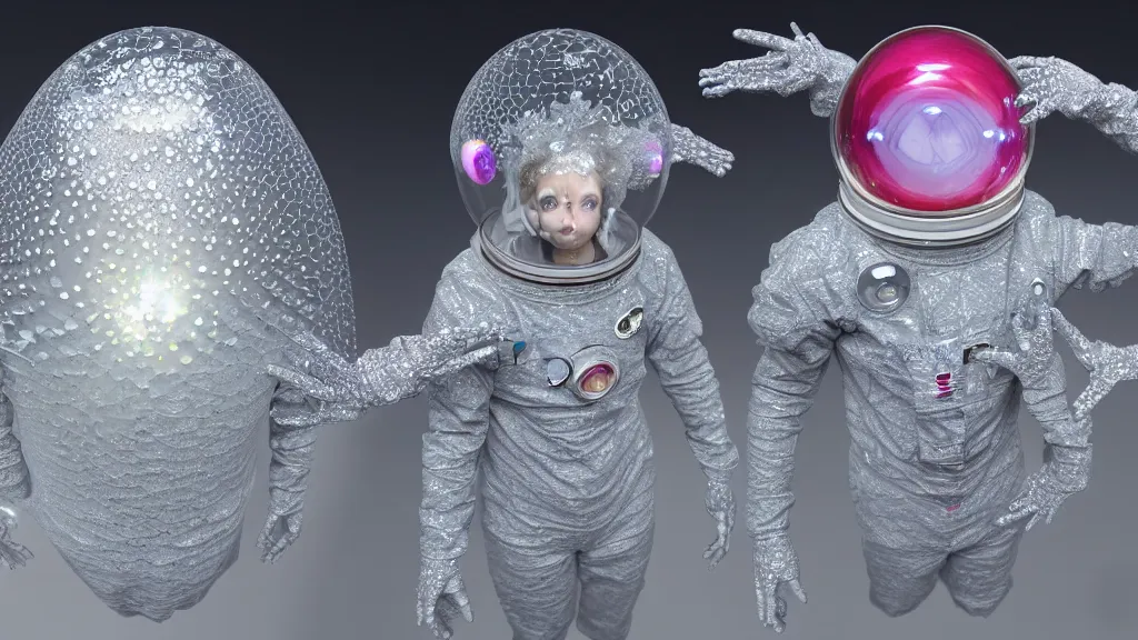 Prompt: a astronaut eva suit covered in diamond 3d mandelbulb 3d fractal lace iridescent bubble 3d skin +, camera appendage stalks+helmet clear brain case see through ,in a jumping float pose ,blobby holographic shrink wrap bubble,,opal ruby diamond iridescent fractal lace bubble materials,alternate reality ceramic age,monolithic retro futuristic ,water , covered with insectoid compound eye camera lenses,neutron, made of wax and water floats through the living room, film still from the movie directed by Denis Villeneuve with art direction by Salvador Dalí, wide lens,