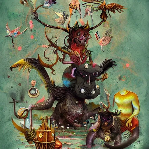 Image similar to strange mythical beasts of whimsy, surreal dark uncanny mixed media colllage by Ronny Khalil