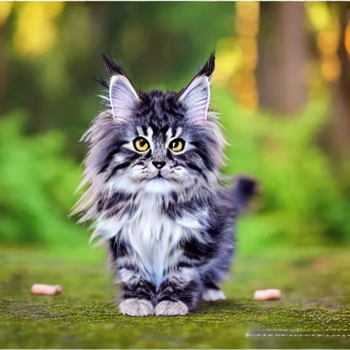 Image similar to very cute chibi main coon, portrait, pixar style, forest background, cinematic lighting, award winning creature portrait photography