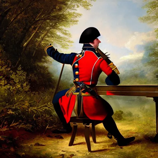 Image similar to ultra realistic painting of a napoleonic soldier sitting on a piano inside of a forest, thick brush strokes, visible paint layers, taken from the back of the soldier.