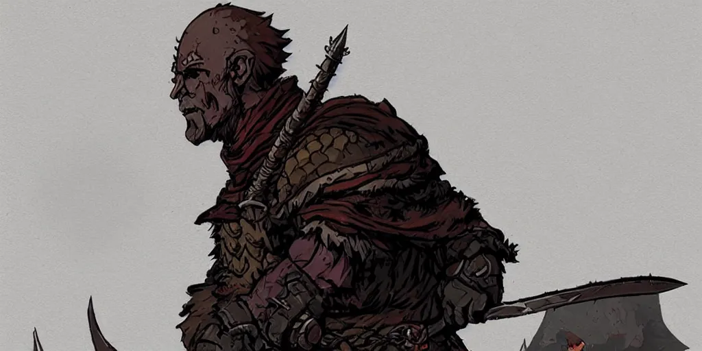 Image similar to warrior character design, idle, colored, sword, sprite, darkest dungeon, pc game, sideview, art by moebius and greg rutkowski.