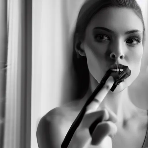 Image similar to Live Action Still of Jerma985 in a film of a beautiful model woman smoking a cigarette by the window, black and white, hyperrealistic, ultra realistic, realistic, highly detailed, epic, HD quality, 8k resolution, body and headshot, film still