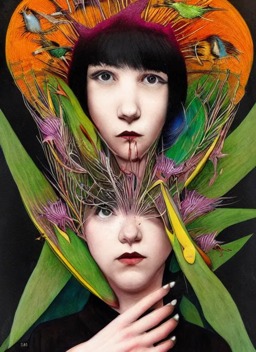 Image similar to an awkward punk woman with a crooked nose, cat eye, botanical, birds of paradise, portrait face, colorful, kupka, intricate, miles johnston, kuroda seiki, ozabu, godward, painterly, yoshitaka amano, moebius, miles johnston, louise zhang, james jean, mark ryden lowbrow pop surrealism art style