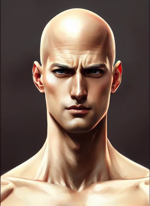 Image similar to ultra realistic illustration, handsome saitama. intricate, elegant, black suit, highly detailed, digital painting, artstation, concept art, smooth, sharp focus, illustration, art by artgerm and greg rutkowski and alphonse mucha and wlop