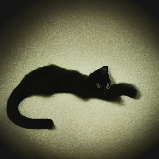 Image similar to black cloudy shadow in a cat shape, cuddly fur, blurry, mystical, misty, dreamy, shadow polaroid photo