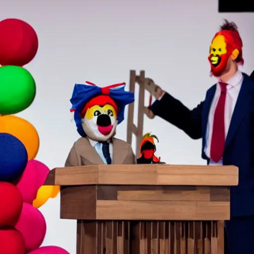 Prompt: puppet show with a puppeteer using a president with clown makeup in a podium
