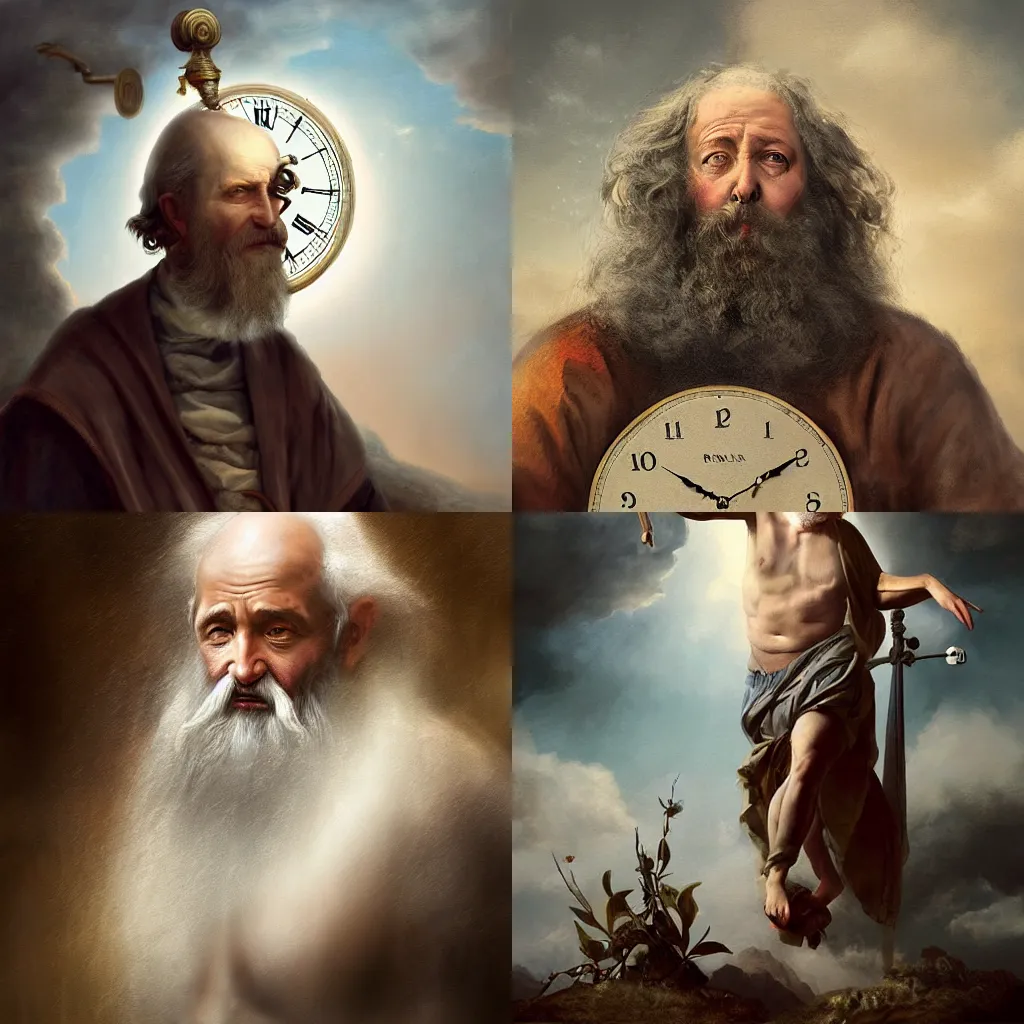 Prompt: illustration of Father Time, realistic painting, classical painting, high definition, digital art, matte painting, very detailed, realistic”