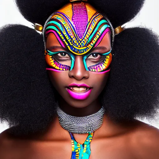 Prompt: a closeup studio photo of a beautiful african woman wearing futuristic african style headgear and face paint inspired by afrofuturism detailed 8k dramatic light cinematic shot on sony 35mm studio lights perfect lighting