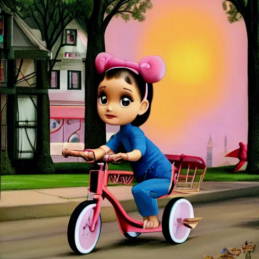 Image similar to ariana grande on a tricycle, lowbrow painting by mark ryden and pixar and hayao miyazaki