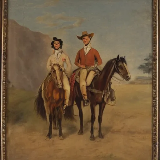 Image similar to portrait of a gay cowboy couple with horses, 1 8 0 0 s