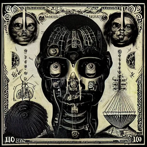 Image similar to post - punk new age album cover, asymmetrical design, dollar bank notes, capitalism, magic, apocalypse, psychedelic, black white, with a bit of colour, magic, giger h. r., giuseppe arcimboldo, peder aalto