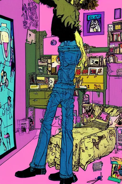 Image similar to a skinny goth guy standing in a cluttered 9 0 s bedroom by jamie hewlett, back view, jamie hewlett art, full body character concept art, vaporwave colors,