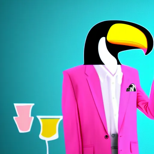 Image similar to toucan-headed man wearing an open pink suit vest and a white shirt having a drink at a bar, vaporwave