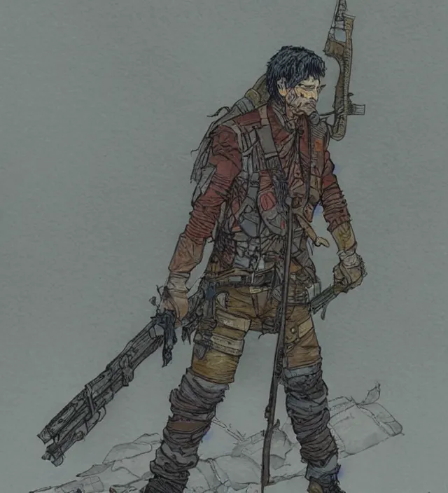 Image similar to a watercolor ink painting of an post - apocalyptic elven sniper in the style of jean giraud in the style of moebius trending on artstation deviantart pinterest detailed realistic hd 8 k high resolution