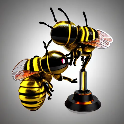 Prompt: portrait of two 3d bees made of metal, shiny, singing onstage into one microphone like Paul McCartney and George Harrison