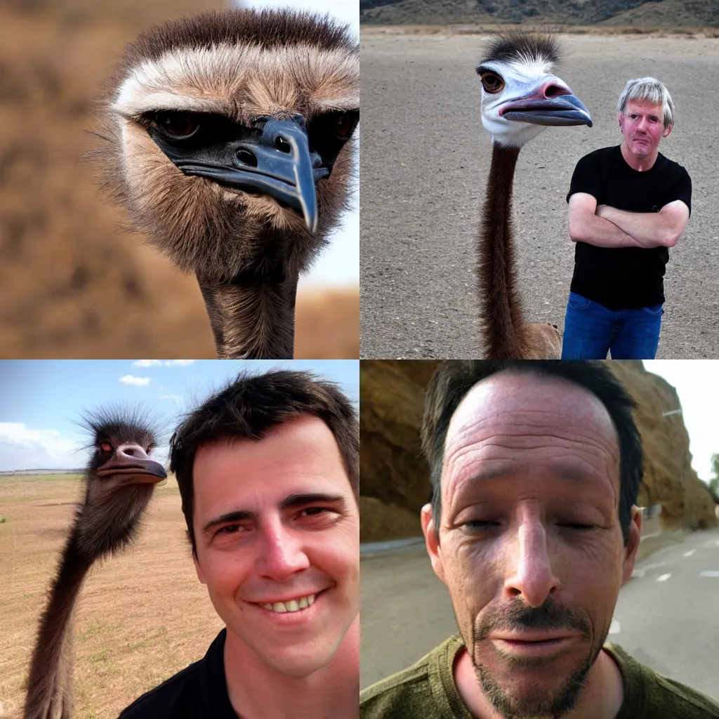 Prompt: a photo of a man with the face of an ostrich