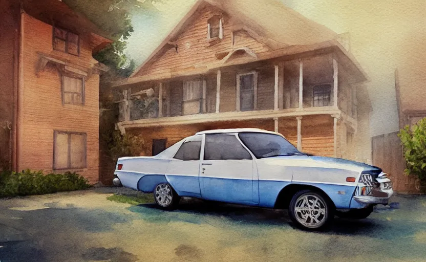 Image similar to a watercolor painting of a chevrolet opala parked near a 1 9 0 0 s house, digital painting, masterpiece, hyperrealistic, concept art, trending on deviantart, highly detailed, high quality, 4 k, symmetrical, low contrast, watercolor, warm, soft lighting, path traced, godrays, vintage, soft colors