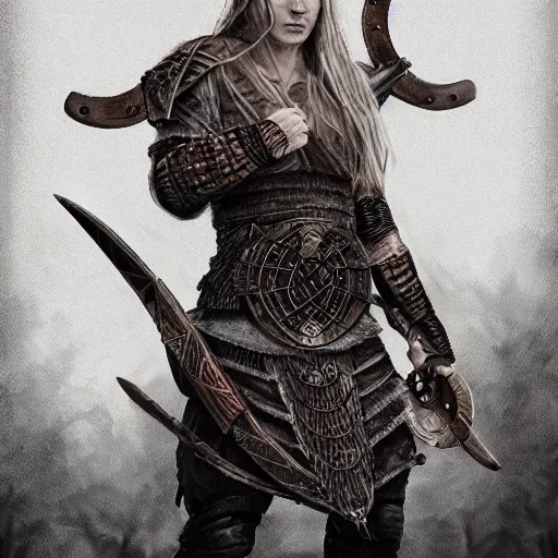Prompt: viking shield maiden, painted by othon nikolaidis. 4 k, 8 k, hyper detailed, concept art master work, trending on artstation, beautiful, gorgeous, mythic, dramatic lighting,