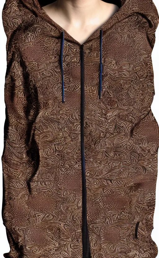 Image similar to batik hoodie pattern, dark brown, trendsetter, fashion of the year, fiction, stability, intricate, elegant, 8 k, uhd, justify, artstation, concept art, matte, sharp focus, illustration, consistent, highly detailed object content, proportional object content